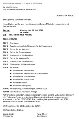 Einladung Mitgliederversammlung 26.07.2021 mit Neuwahlen